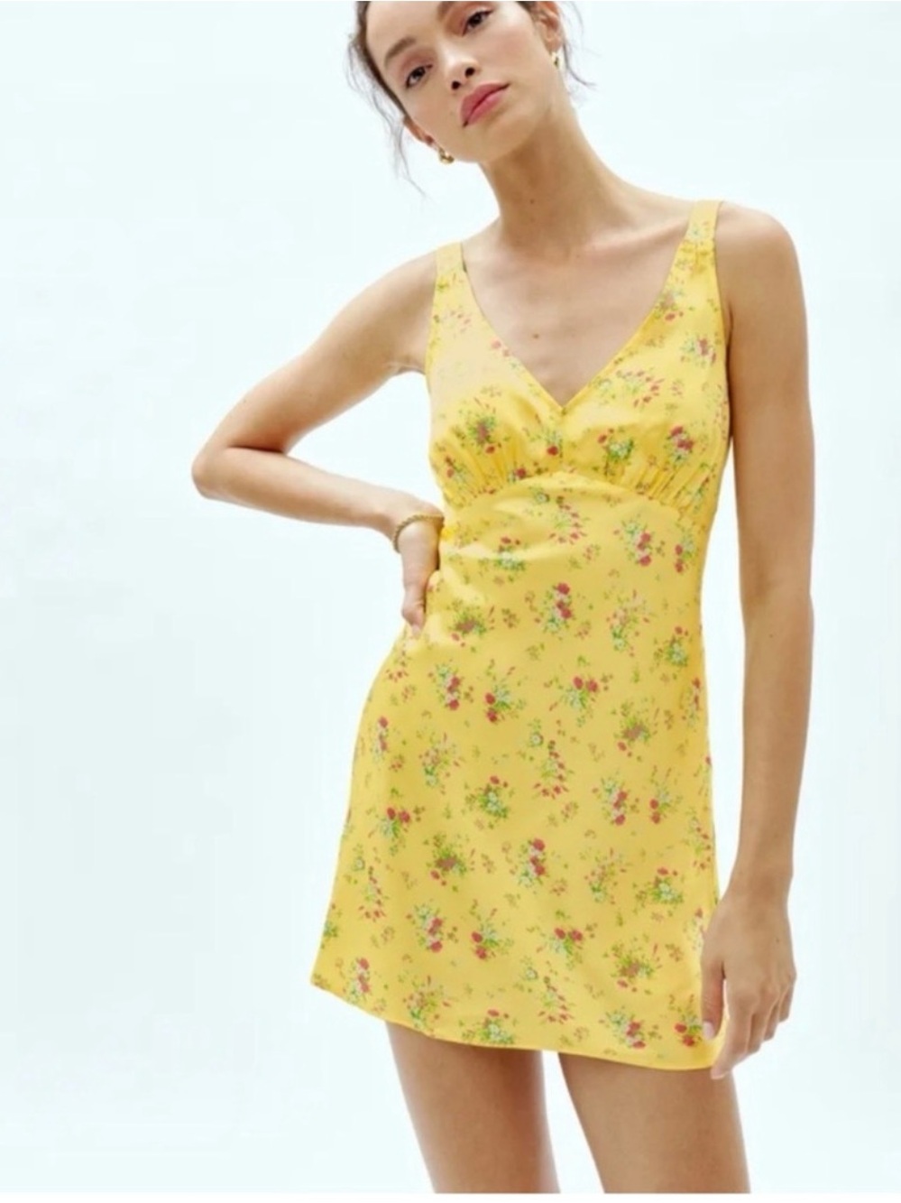 Reformation Yellow Floral Slip with Pink and Green Accents